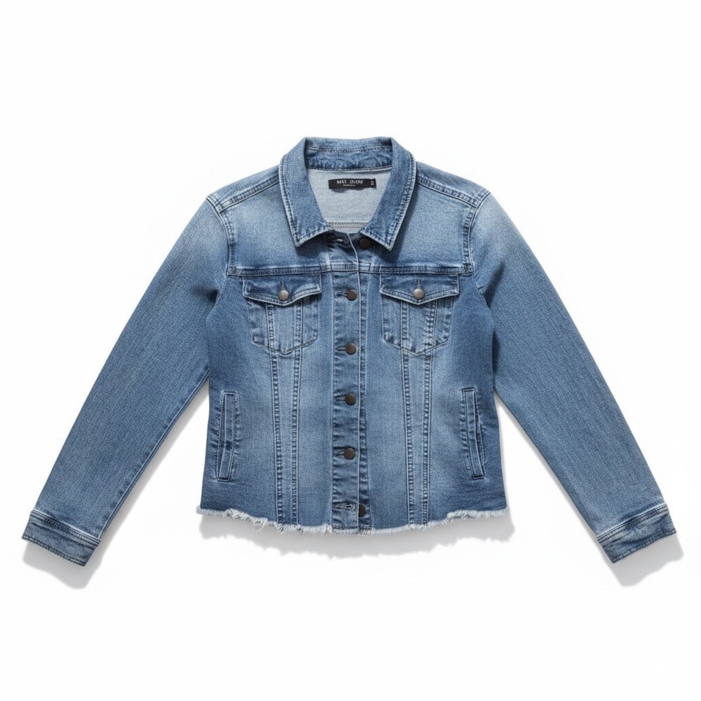 Max Jeans Womens Medium Wash Raw Hem Denim Trucker Jacket Blue Size L